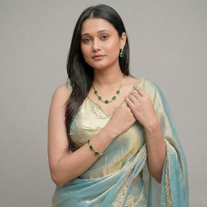 Oval Green Crystal Pendant Necklace Set With Bracelet